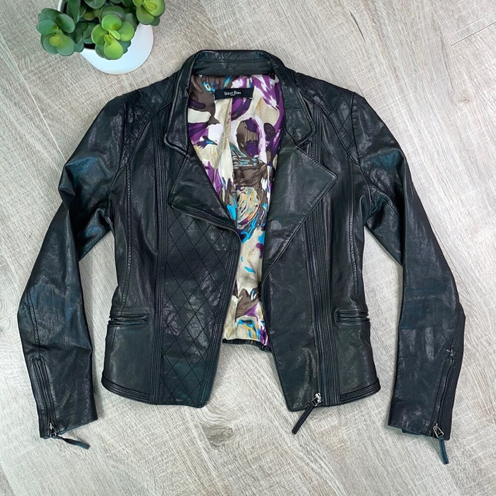 IZZAT BABA NEW YORK Women's Black Cross Zip Front Leather Jacket